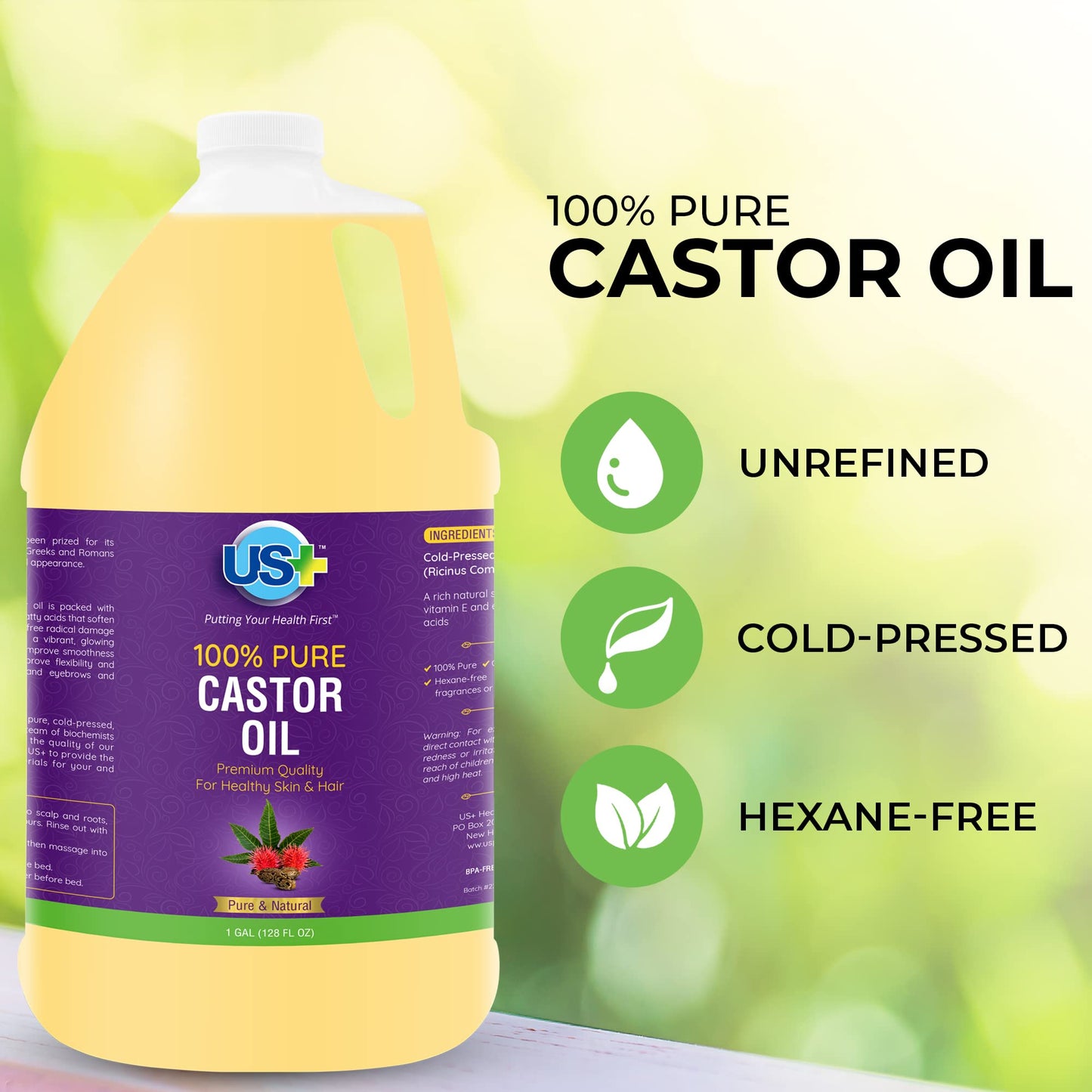 100% Pure Castor Oil - Cold-pressed, Unrefined, Hexane-free - Premium Quality - USP Grade (1 Gallon) Beauty and Personal Care US+
