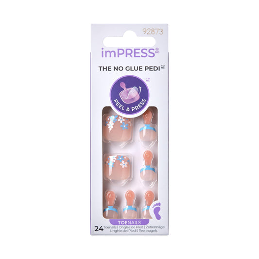 Kiss Impress No Glue Pedi Press-On Nails, Design, 'Paradise Ticket', Light Beige, Short Size, Squoval Shape, Includes 24 Nails, Prep Pad, Instructions
