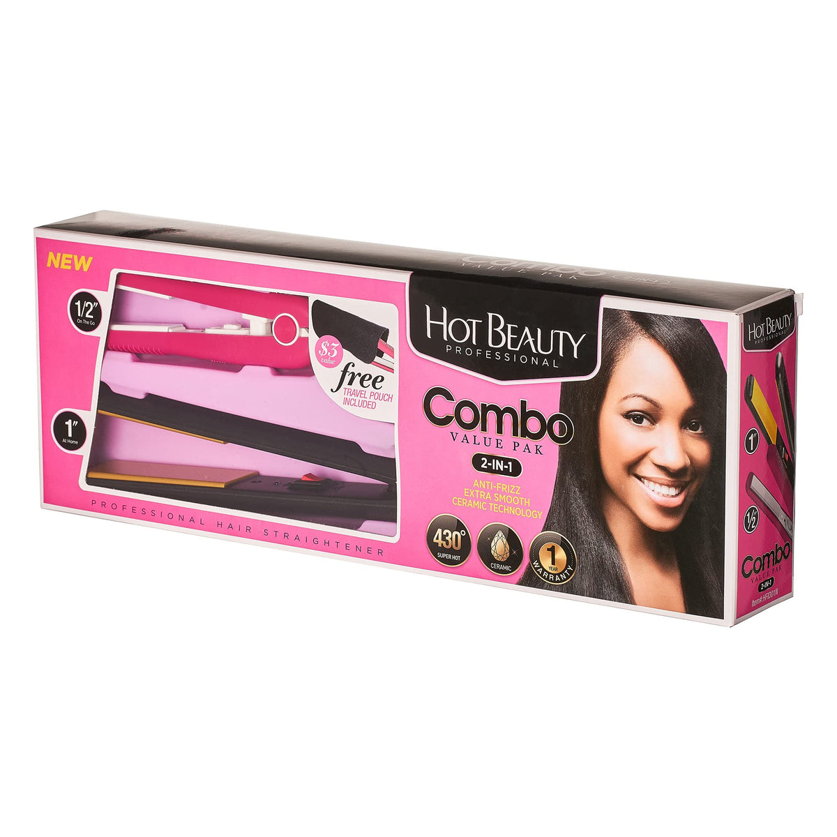 Hot Beauty Ceramic High Heat Level Flat Irons 2-in-1 Value Pack 1" and Mini 1/2" with Free Travel Pouch