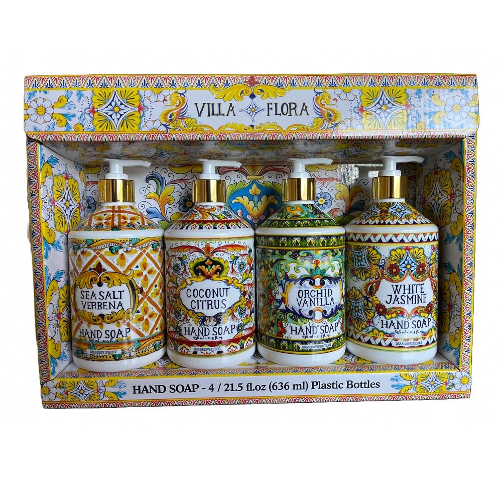 Home and Body Company Hand Soap Villa Flora Collection 16 FL/473ml Bottles infused with Essential Oils (SET OF 4) Sea Salt Verbena, Coconut Citrus Beauty & Personal Care Home & Body Company