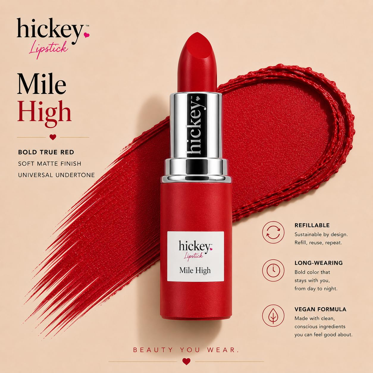 Hickey Lipstick Mile High Organic Perfect Red Lipstick Refill - Long Lasting Lipstick for Women - Hydrating & Moisturizing Shade, Best Lip Color for Beauty & Personal Care Hickey