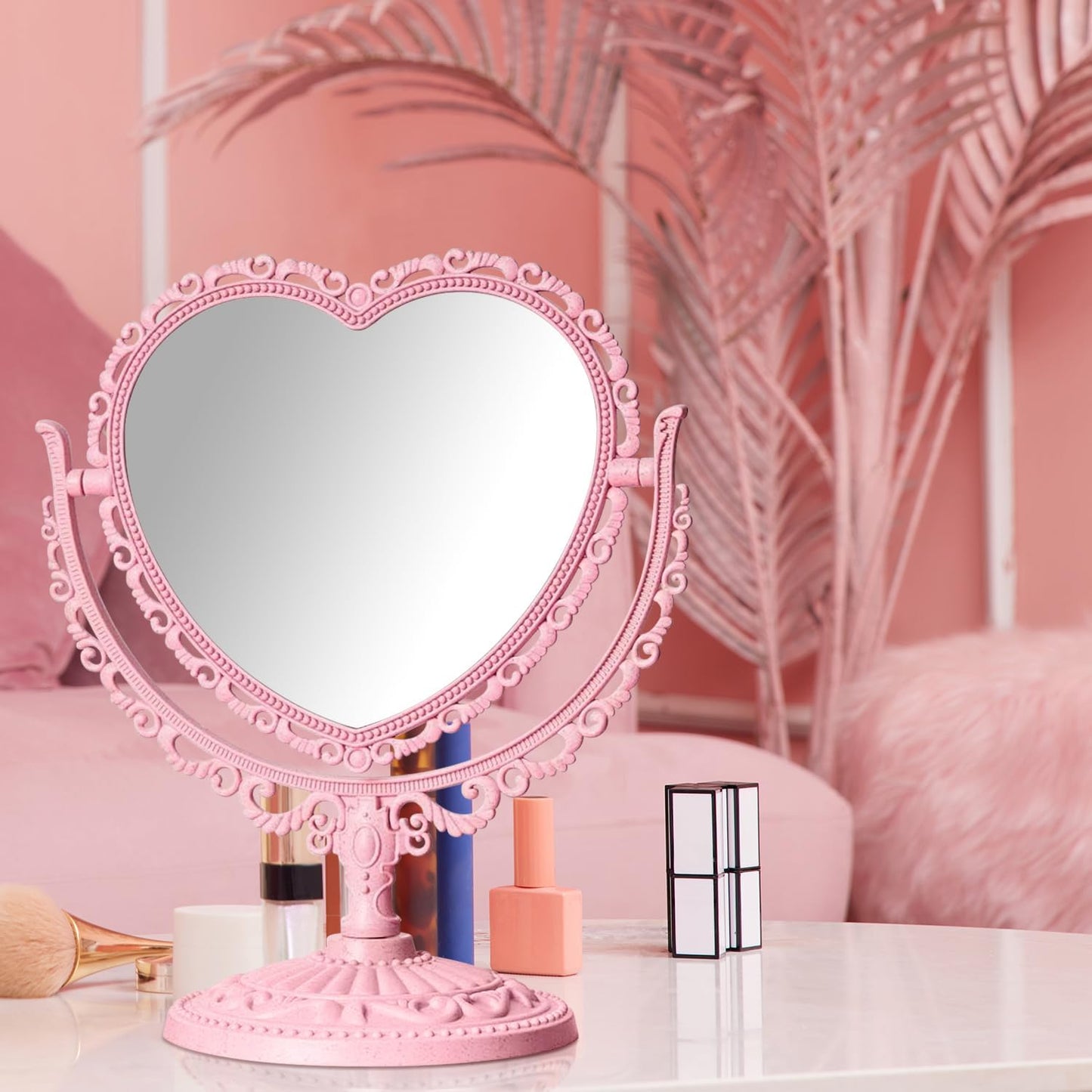 QEEYON Pink Heart Vanity Mirror - Double Sided 360 Degree Swivel - Aesthetic Makeup Cosmetic Mirror for Table Desk Countertop Dresser Coquette Beauty & Personal Care QEEYON
