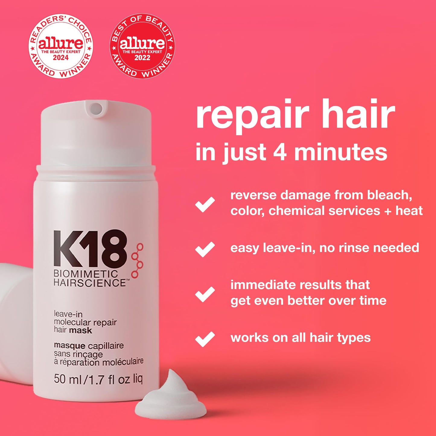 K18 Leave-In Molecular Repair Hair Mask - Peptide Hair Treatment Mask for Bleach, Color, Chemical + Heat Damaged Strands - Immediate + Lasting Damage Beauty and Personal Care K18