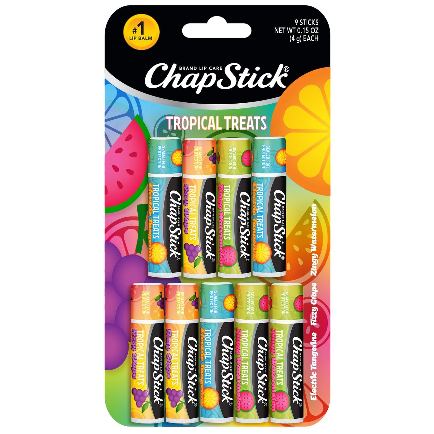 ChapStick Lip Care, Tropical Treats Collection (9 Sticks) - Electric Tangerine, Fizzy Grape & Zingy Watermelon Lip Balm, 0.15 Oz Ea Beauty and Personal Care ChapStick