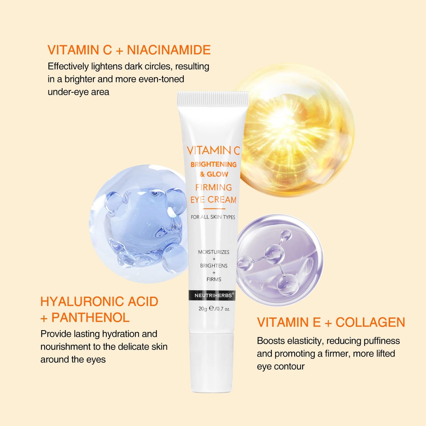 Neutriherbs Eye Cream Vitamin C Eye Gel for Dark Circles, Eye Bags, Puffiness, Eye Massage Under Eye with Hyaluronic Acid, 20g e/0.7 oz. Beauty & Personal Care Neutriherbs