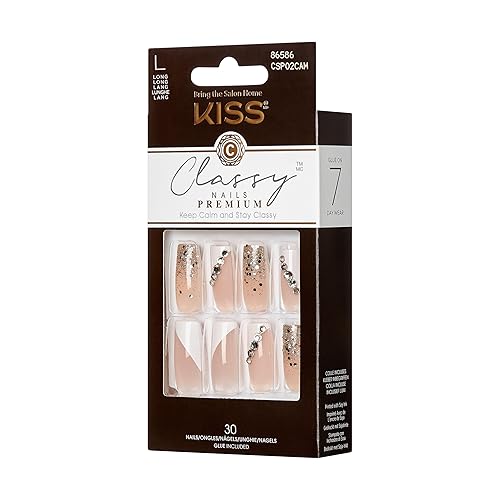 KISS Classy Premium Press On Nails, 'Gorgeous', White, Long Length, Square Shape, Includes 30 Fake Nails, 2g Pink Gel Nail Glue, 1 Manicure Stick, 1 Beauty & Personal Care kiss new york