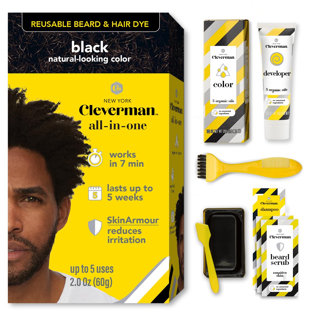 Reusable Hair & Beard Dye for Black Men - Black 1.0 | Up to 5 Uses, 7 Minutes | Natural Gray Coverage, No-Drip Cream with SkinArmour® - Cleverman Beauty & Personal Care CLEVERMAN