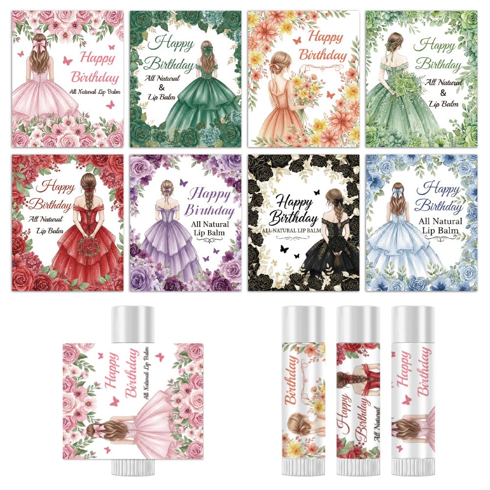 Peacoblue 160Pcs Lip Balm Labels Sticker for Tubes 2.1"x1.7" Girls Birthday Flowers with Wish, 8 Styles Waterproof Chapstick Labels Glossy Beauty and Personal Care peacoblue