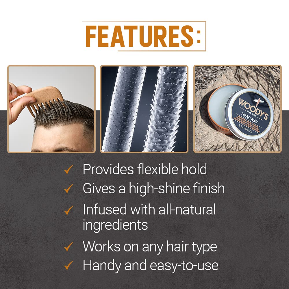 Woody's Headwax Styling Pomade for Men, Flexible Hold, High Shine, with Natural Beeswax, Non-stiff, Non-Sticky, Moldable, For all Hair Types Beauty & Personal Care Woody's