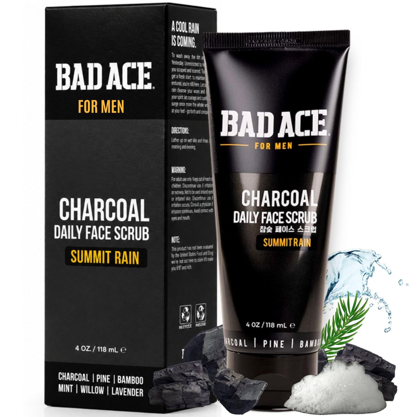 BAD ACE Daily Men's Charcoal Face Wash with Scrubs, Korean Exfoliating Face Wash - Premium Mens Face Scrub, Deep Cleansing Skin Care | Men's Facial Beauty & Personal Care BAD ACE