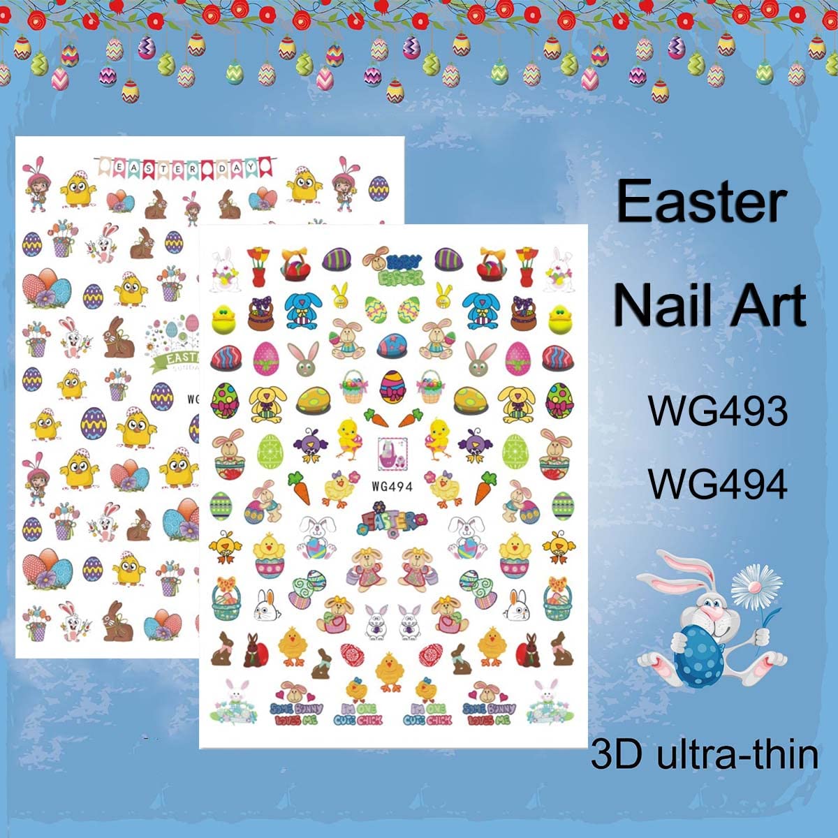 Easter Nail Art Stickers Decals, 3D Self-Adhesive Cartoon Bunny Egg Chicken Nail Decals for Women Girls Easter Day DIY Nail Decoration 6 Sheets Beauty & Personal Care Rhdun