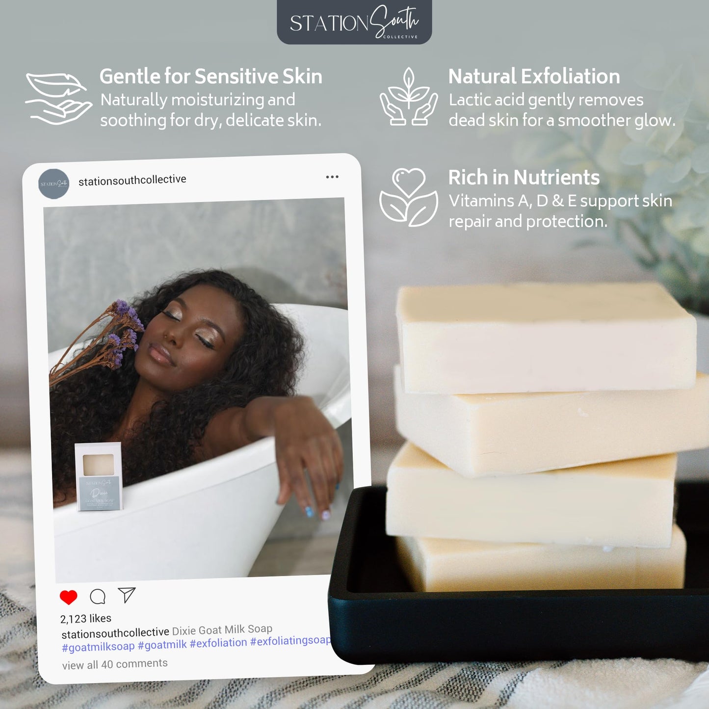 Station South Collective Dixie Goat Milk Soap Bar - Moisturizing & Gentle Body Soap for Sensitive Skin, Hydrating Cleanse with Shea Butter, Lavender Beauty & Personal Care Station South Collective