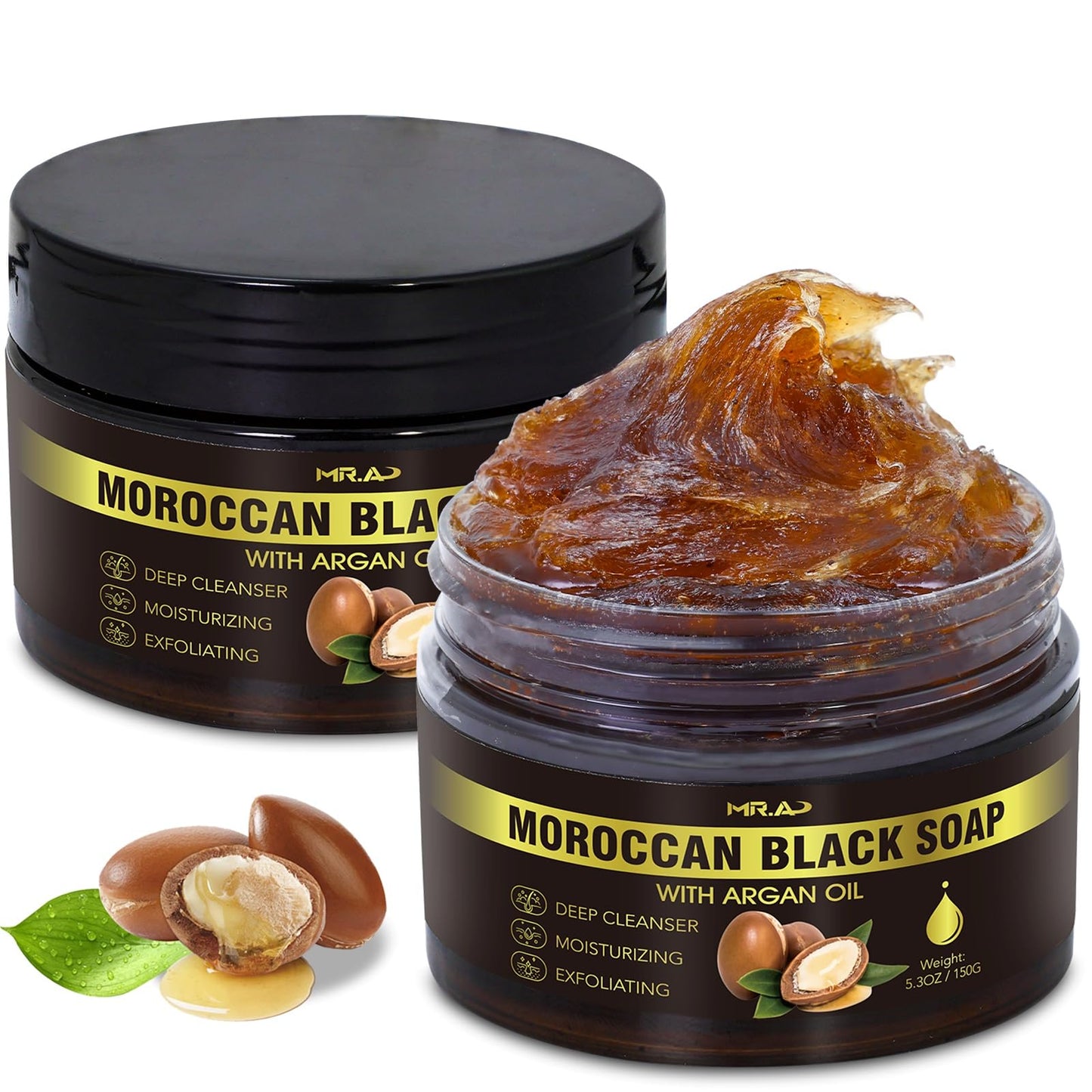 2Pack Moroccan Black Soap with Argan Oil, Morocco Black Beldi Soap Hammam Ritual Body Scrub, Dead Skin Removal, SPA at Home, Purifying Moroccan Body Beauty & Personal Care MR.A