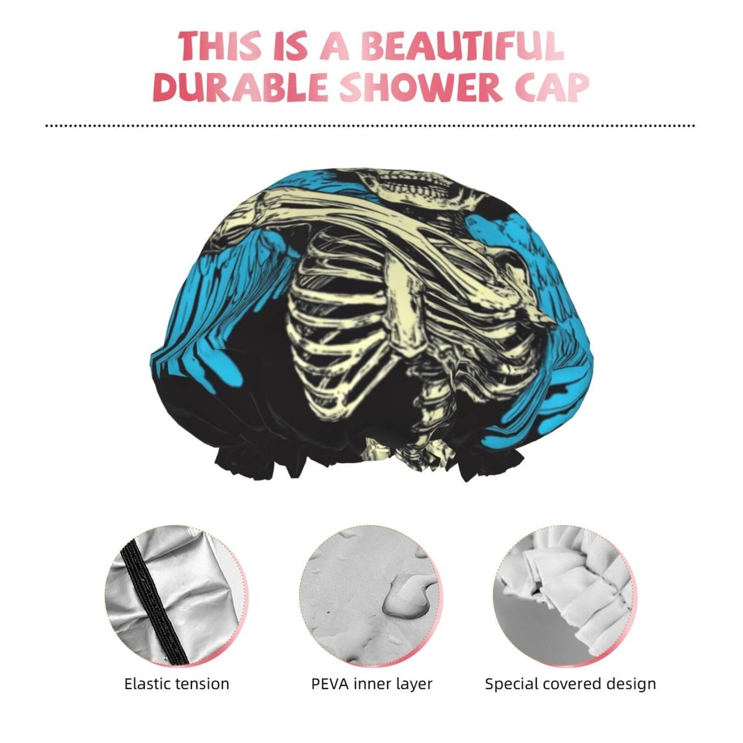 Skeleton Angel With Blue Wings Prints Shower Cap Double Layer Lined Waterproof Bathing Shower Hat Beauty and Personal Care Gjieliness