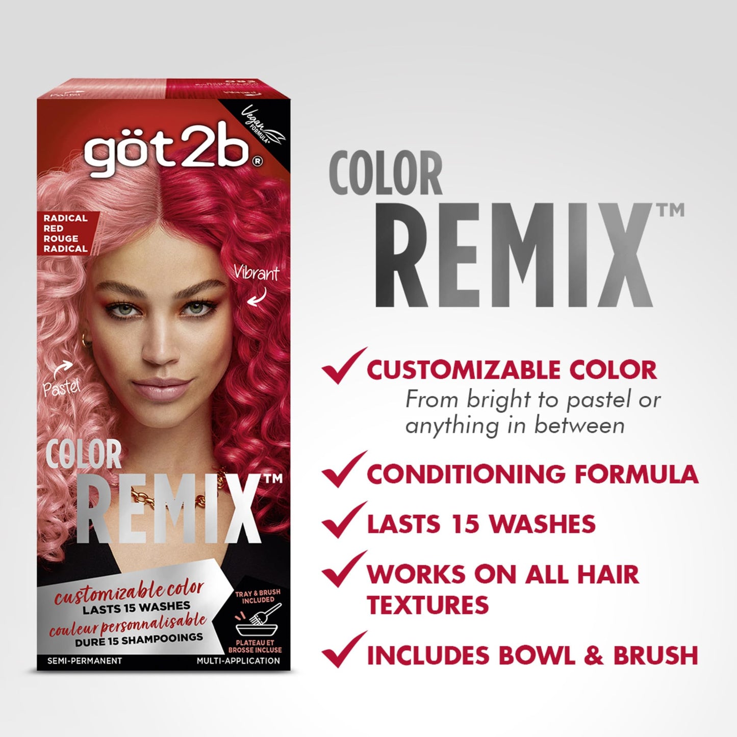Got2b Color Remix, Customizable Semi-Permanent Hair Color, 092 Radical Red Beauty & Personal Care Got2B