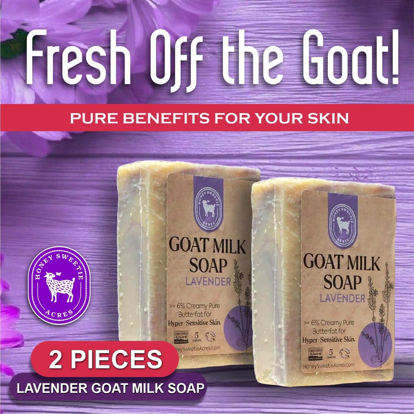 Honey Sweetie Acres 2-Pack Lavender Goat Milk Soap - Handmade 5 oz Bar, Made with Natural Ingredients, Moisturizing & Gentle, Made in the USA Beauty & Personal Care Honey Sweetie Acres