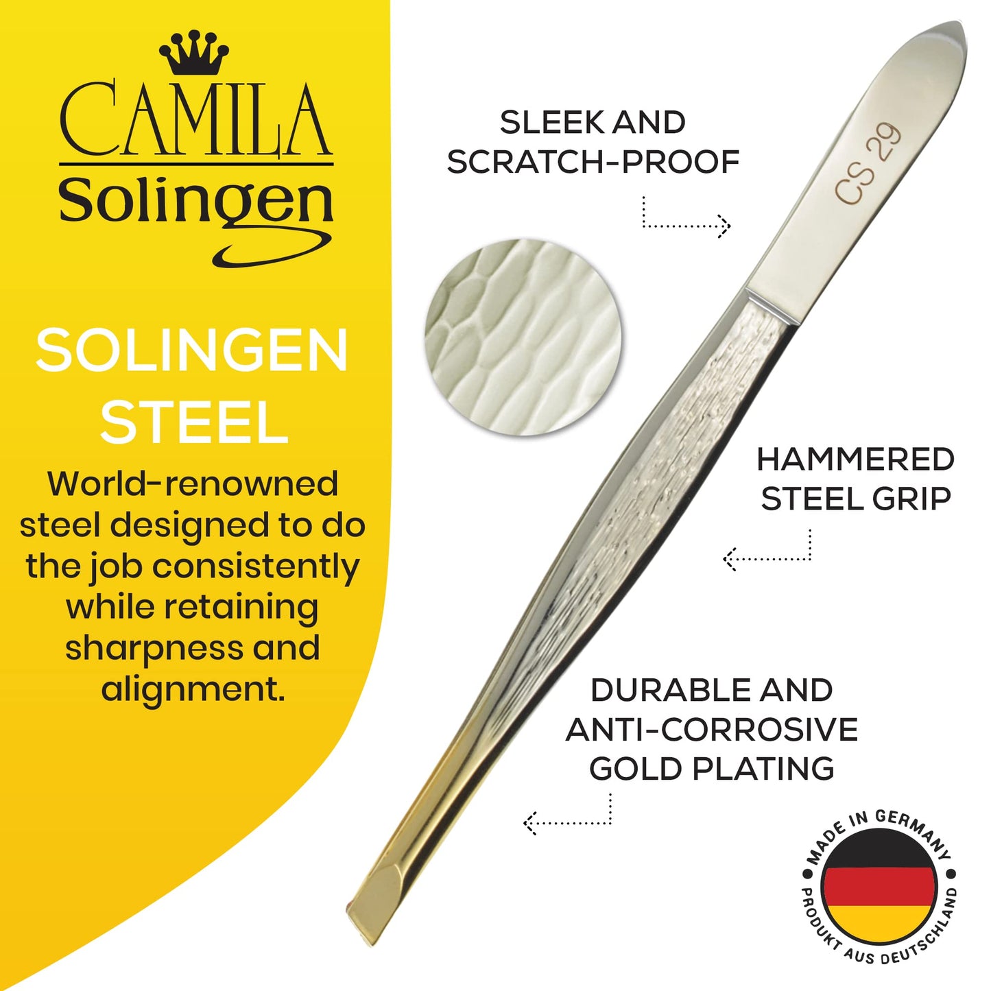 Camila Solingen CS29 3 1/2" Gold Tipped, Surgical Grade, German Stainless Steel Tweezers (Slanted) - Flawless Eyebrow and Facial Hair Shaping Beauty & Personal Care Camila Solingen
