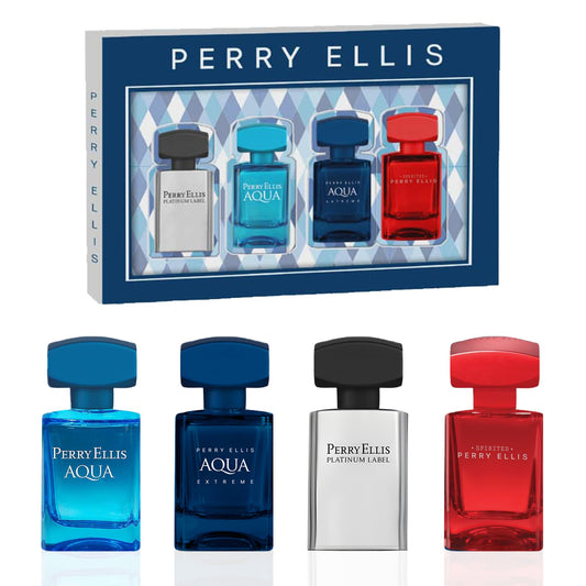 Perry Ellis Men's 4-Piece Mini Cologne Set for Men - Cologne Gift Sampler Set, EDT, Perfume Samples, Travel Size - Aqua, Aqua Extreme, Platinum Beauty & Personal Care Perry Ellis