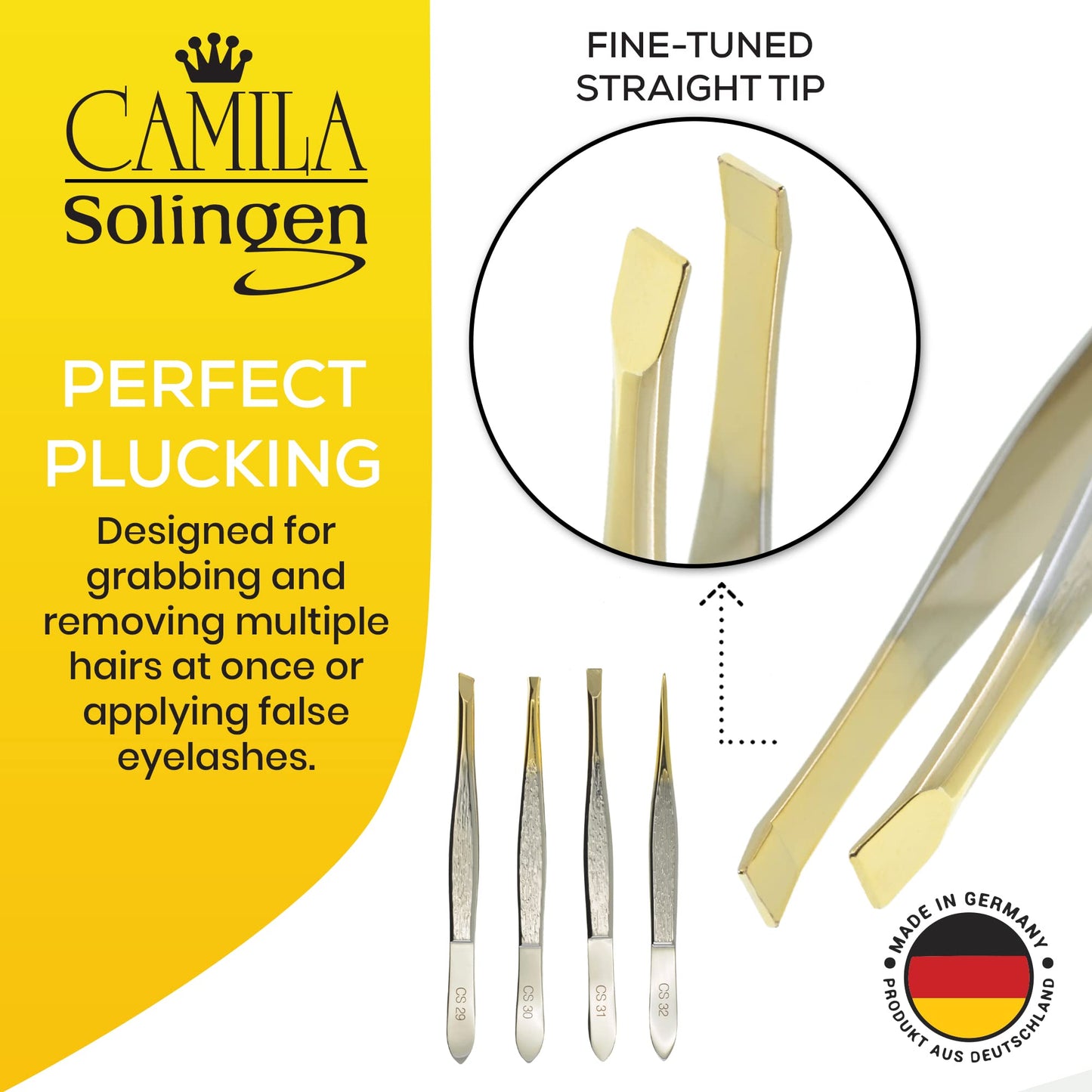 Camila Solingen CS31 3 1/2" Gold Tipped, Surgical Grade, German Carbon Steel Tweezers (Straight) - Flawless Facial Hair and Eyebrow Shaping Beauty and Personal Care Camila Solingen
