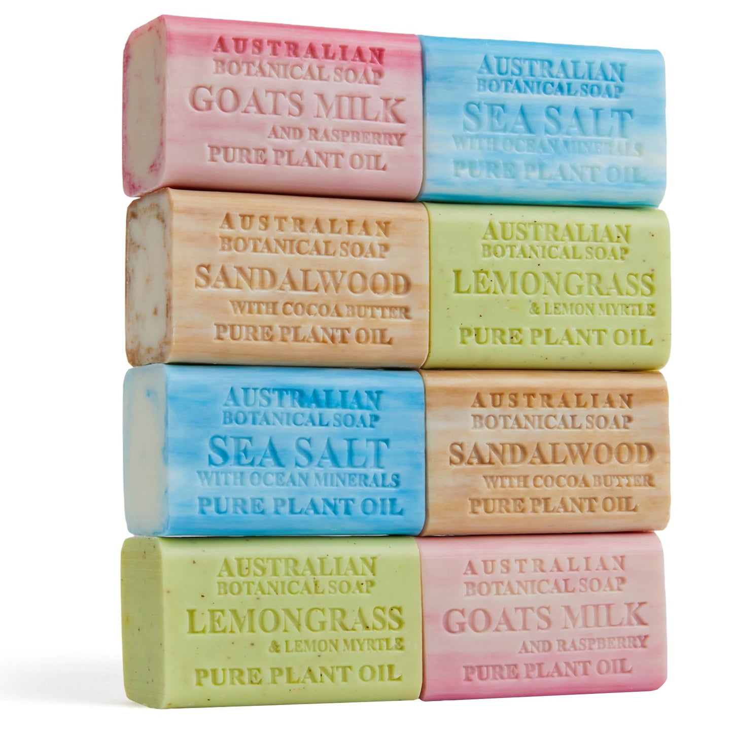 Australian Botanical Soap, 8-Pack Bar Soap Set, 6.6 oz Each, 2 of each, Sandalwood, Sea Salt, Goats Milk Raspberry, Lemongrass & Lemon Myrtle Beauty & Personal Care Australian Botanical Soap
