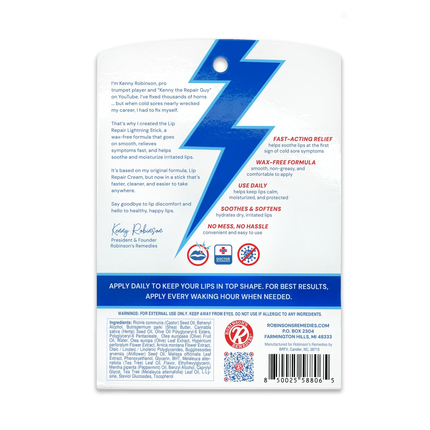 Robinson's Remedies tm Lip Repair Lightning Stick - Created by a Lifelong Cold Sore Sufferer - Wax-Free Lip Balm for Dry, Irritated Lips - Supports Beauty and Personal Care Robinson's Remedies