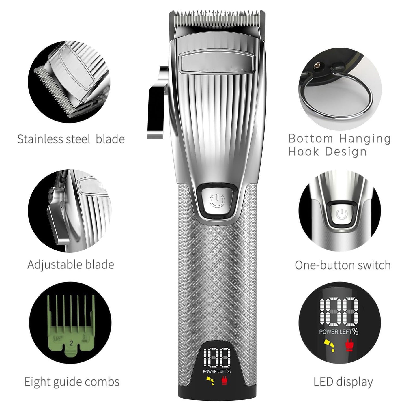 QDKVTNDJZ Hair Clippers for Men, Silver Professional Mens Electric Beard Trimmer Metal Grooming Kit Adjustable Machine Beauty and Personal Care QDKVTNDJZ