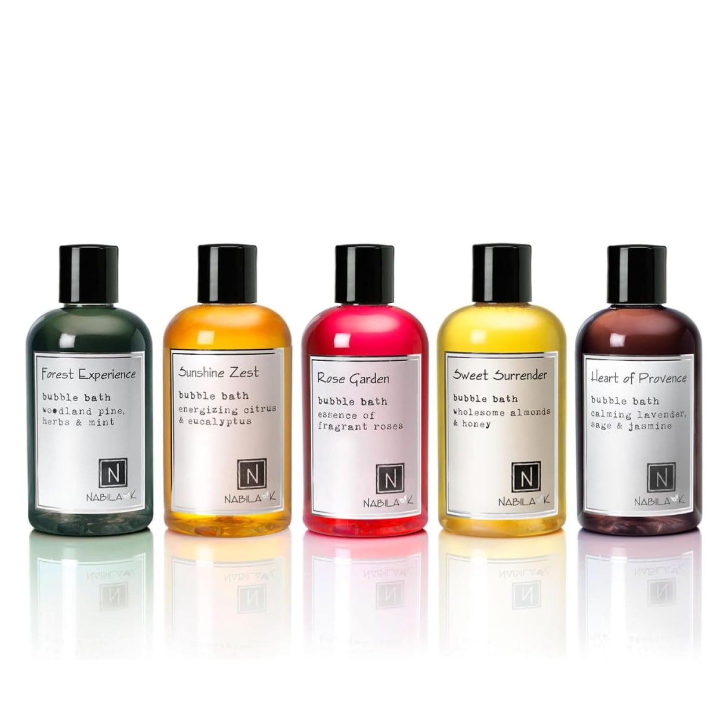 Nabila K Assorted Bubble Bath Collection (Set of 5) - Forest Experience, Rose Garden, Sunshine Zest, Sweet Surrender, Heart of Provence - Natural Beauty and Personal Care Nabila K
