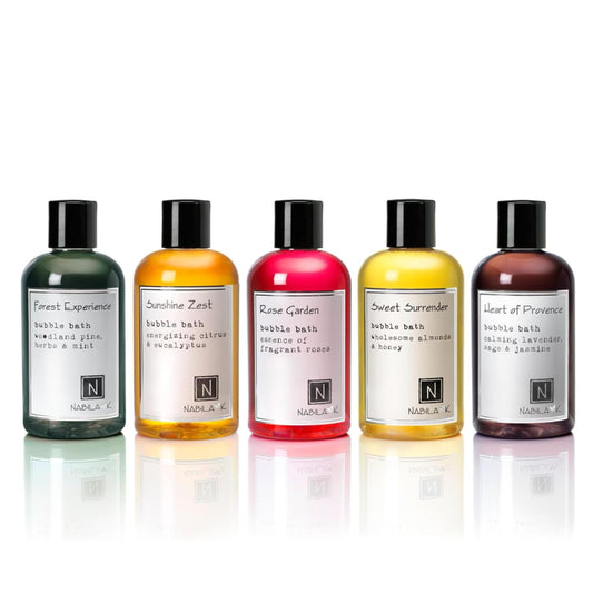 Nabila K Assorted Bubble Bath Collection (Set of 5) - Forest Experience, Rose Garden, Sunshine Zest, Sweet Surrender, Heart of Provence - Natural Beauty and Personal Care Nabila K
