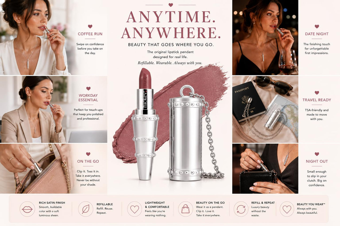 Hickey Refillable Pendant Lipstick, Make Out[Sheer Mauve Nude] - Wearable Satin Lip Color on a Chain, Refillable Clean Beauty, Full Lipstick Included Beauty & Personal Care Hickey