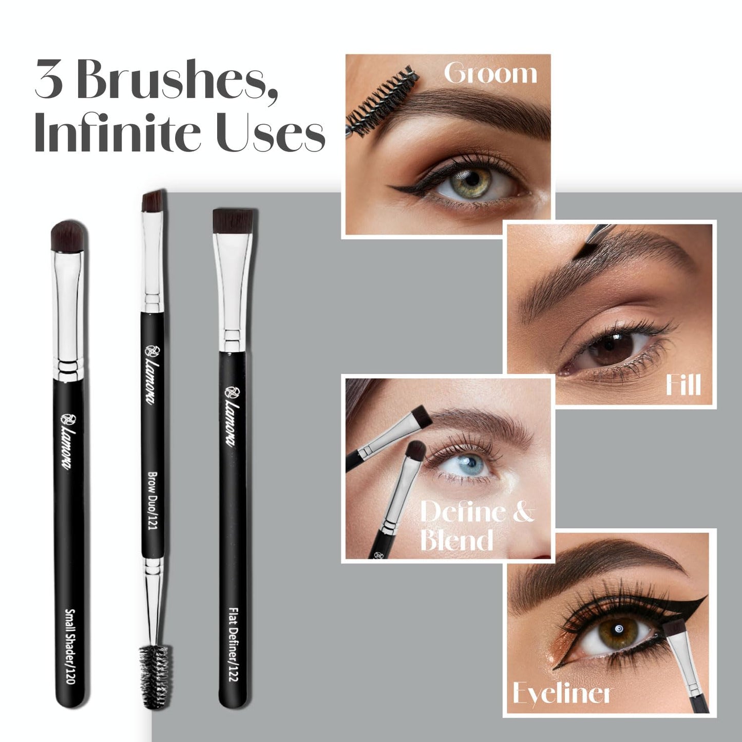 Eyebrow Brush - Duo Eye Brow Spoolie - Angled Eyeshadow Eyeliner - Precision Flat Definer - Small Shader - 3 Piece Makeup Brush Set - Cruelty Free Beauty & Personal Care Lamora