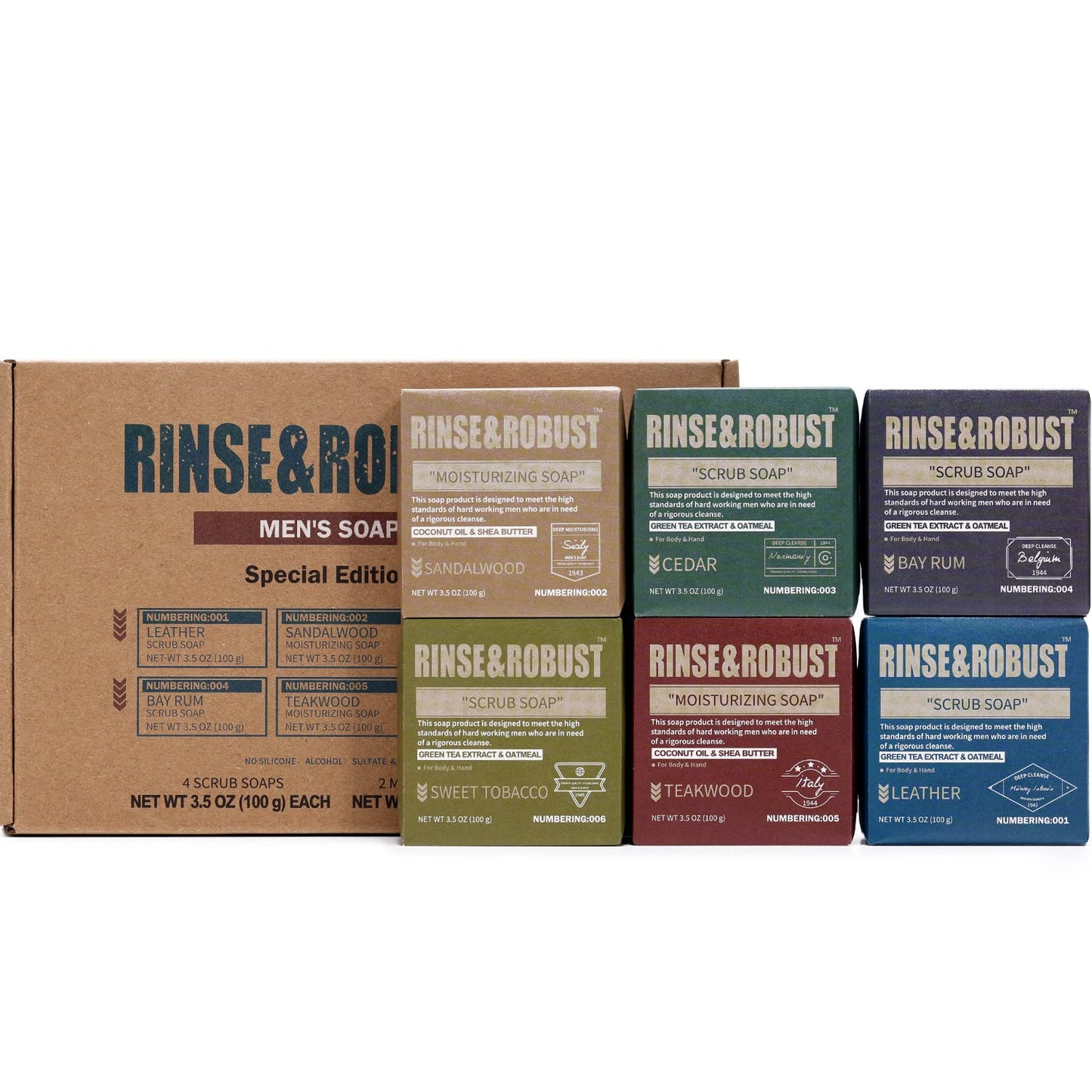 Rinse & Robust Mens Soap Bar Set 6Pcs Natural Cleansing Bar Soap Set Scrub Soap Gift for Men All Skin Type| 6 Different Scents |3.5 oz of 6 Bars Beauty & Personal Care Rinse & Robust