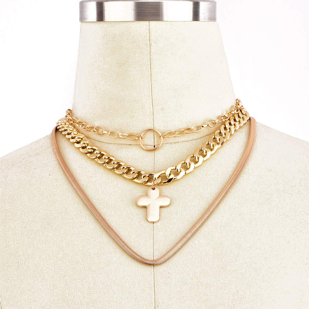 DoubleNine Ring Cross Choker Thick Gold Chain Choker 3 Layer Chain Curb Collar nNecklace for Women Girls Beauty & Personal Care Doubnine
