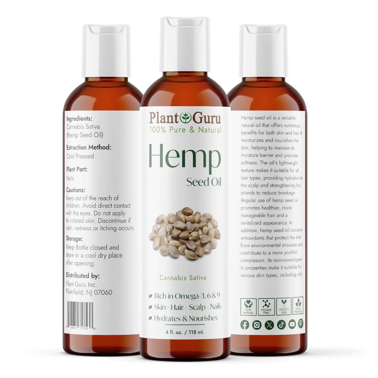 Plant Guru Hemp Seed Oil 4 oz. Virgin, Unrefined 100% Raw Pure Natural - Skin, Body And Hair Moisturizer. Works For Massage, Acne, & More! Beauty & Personal Care Plant Guru