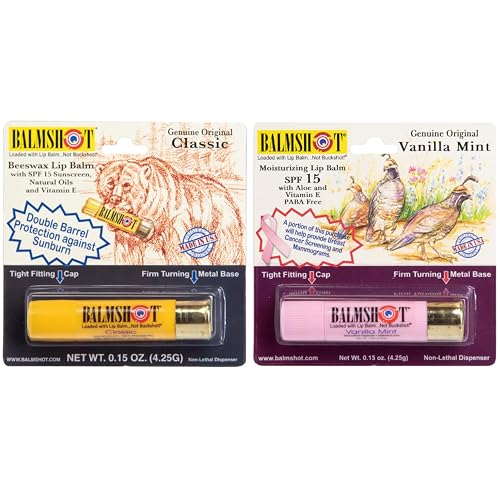 BALMSHOT Lip Balm (2-Pack) of Classic & Pure Pink Vanilla Mint - SPF 15, Beeswax Chapstick for Dry Chapped Lips, 20-Gauge Brass Shotgun Shell Tube Beauty & Personal Care Balmshot