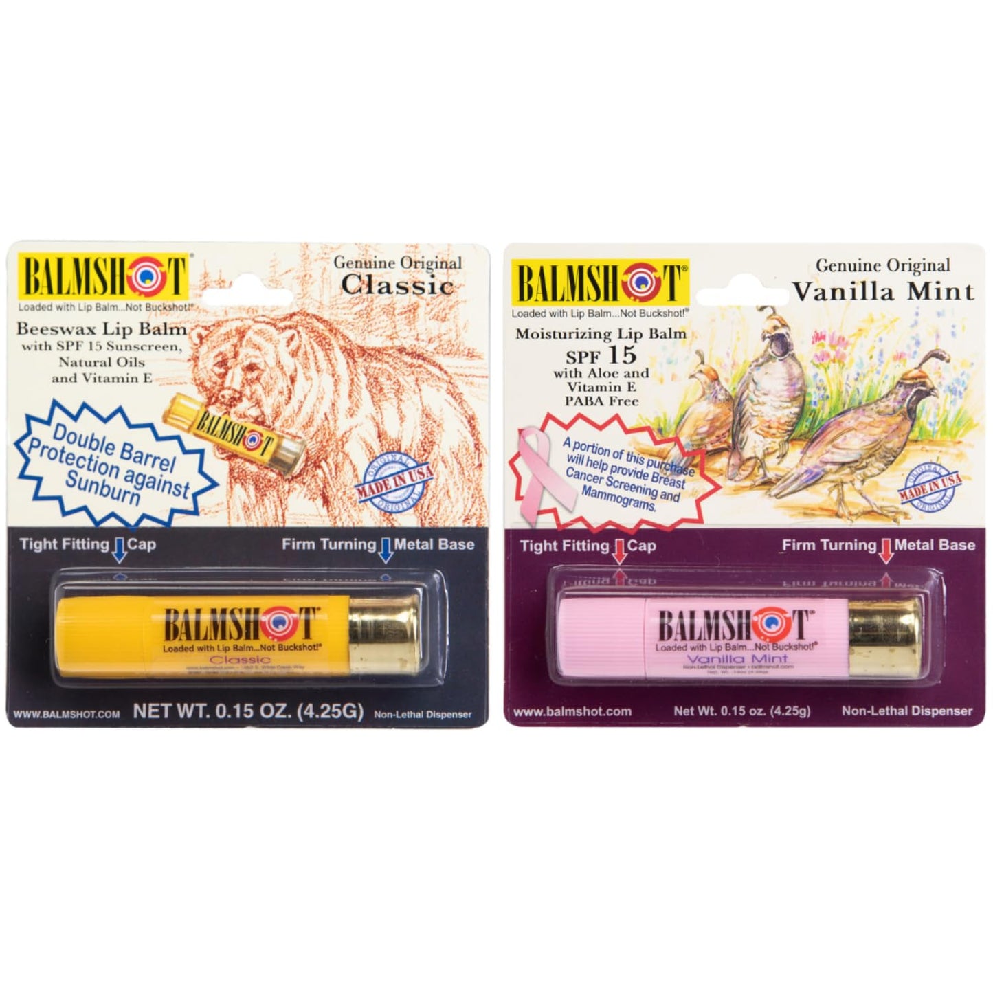 BALMSHOT Lip Balm (2-Pack) of Classic & Pure Pink Vanilla Mint - SPF 15, Beeswax Chapstick for Dry Chapped Lips, 20-Gauge Brass Shotgun Shell Tube Beauty & Personal Care Balmshot