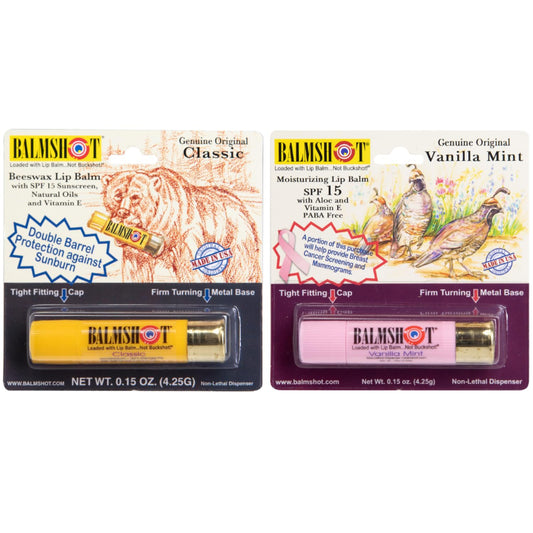 BALMSHOT Lip Balm (2-Pack) of Classic & Pure Pink Vanilla Mint - SPF 15, Beeswax Chapstick for Dry Chapped Lips, 20-Gauge Brass Shotgun Shell Tube Beauty & Personal Care Balmshot