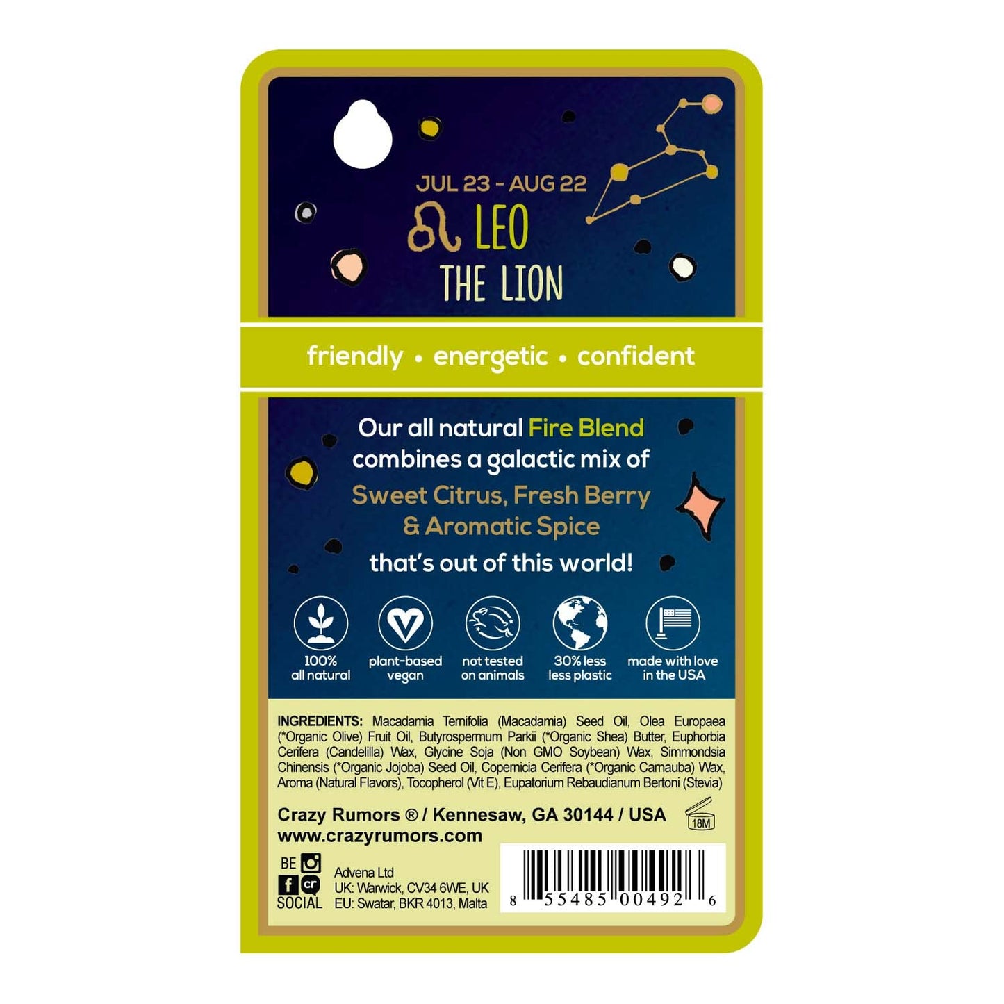 Crazy Rumors Leo Zodiac All Natural, Plant Based Lip Balm to Moisturize and Nourish your Lips - Fire Blend (Sweet Orange, Fresh Berry, Aromatic Spice) Beauty and Personal Care Crazy Rumors