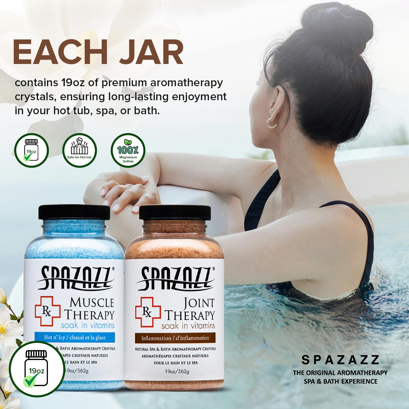 Spazazz Hot Tub Aromatherapy Spa and Bath Salts Crystals 2 Pack Bundle- One 19 Oz Jar Each Spazazz Muscle Therapy and Joint Therapy Plus a 5 Point Beauty and Personal Care Spazazz
