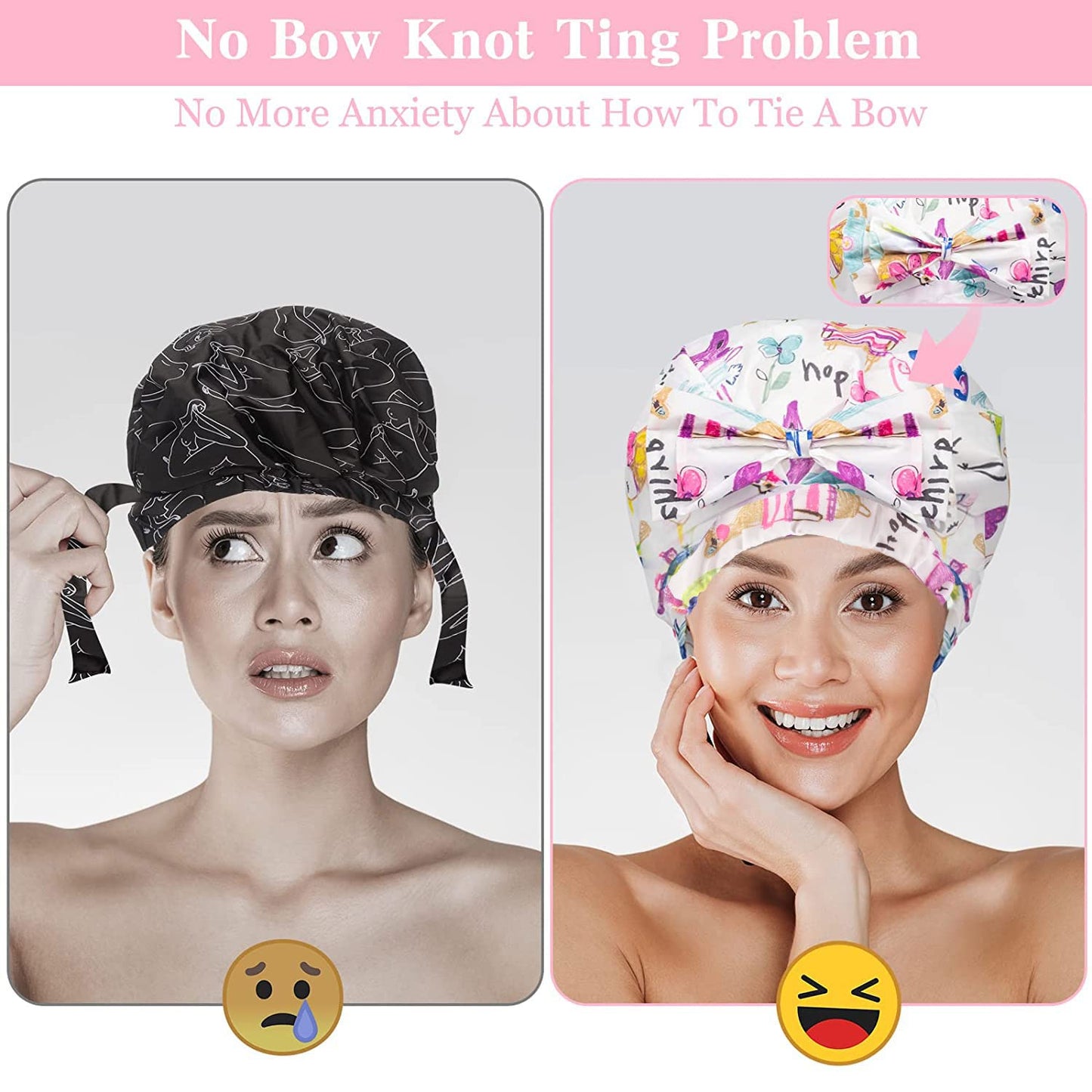 2 PCS Shower Caps, Reusable & Extra Large & Adjustable & Double Layer Waterproof Bow Knot Hair Reusable Cap for Women, Waterproof Outer & EVA Lining Beauty and Personal Care WINSTECK