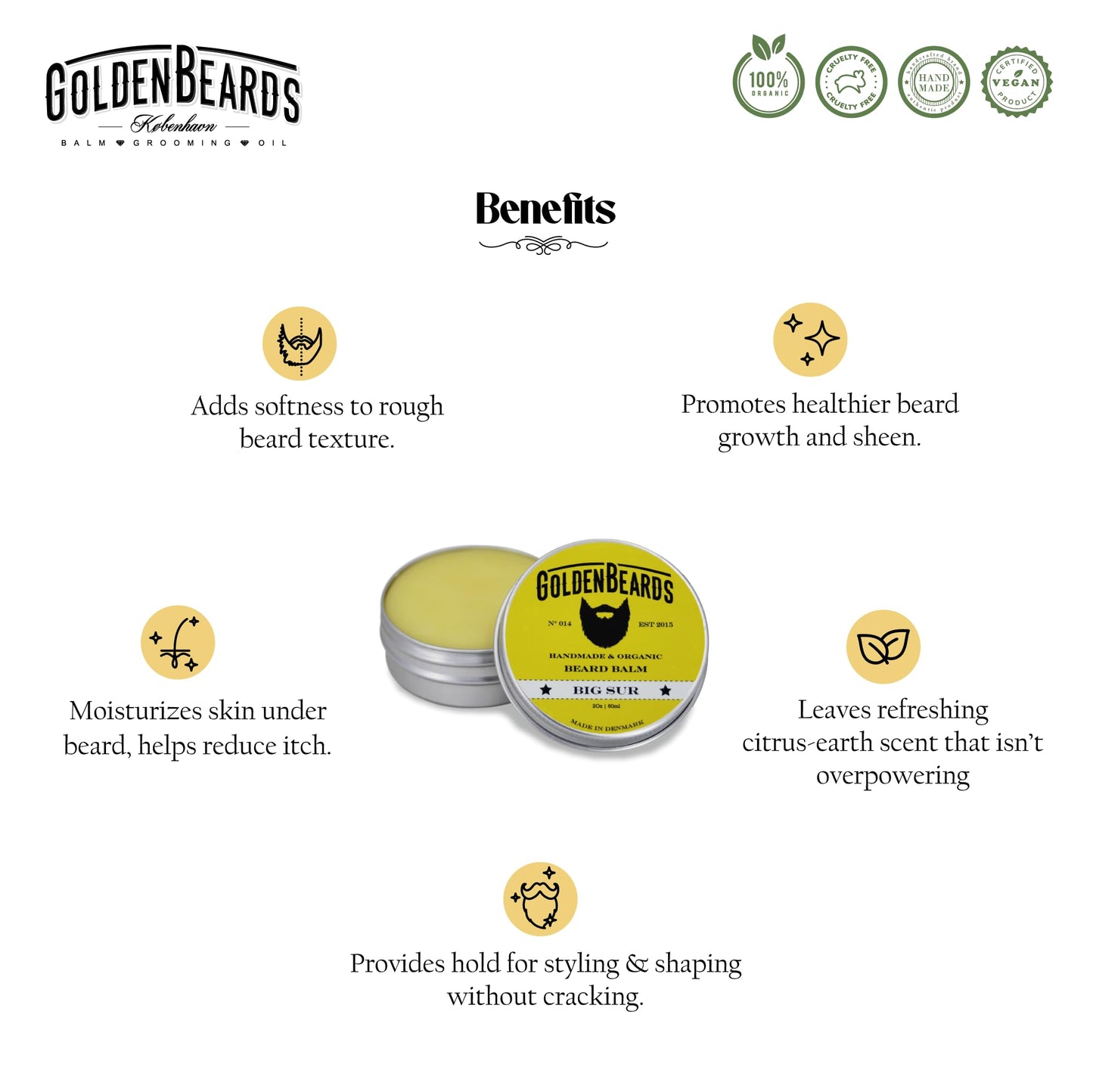 Golden Beards Organic Beard Balm Big Sur - Shea, Cocoa & Argan Butter Blend with Lime & Patchouli Scent - 60ml Vegan Beard Softener & Styling Balm Beauty and Personal Care Golden Beards Kobenhavn BALM GROOMING OIL