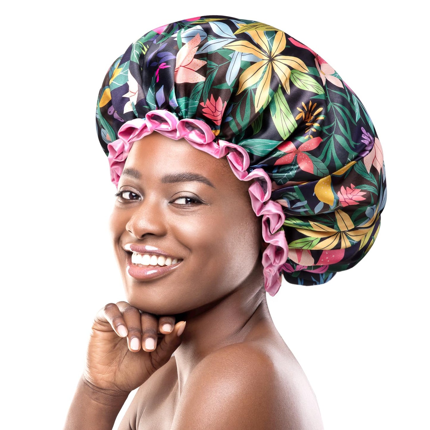mikimini Large Shower Cap for Women Long Hair, Rainforest Bath Shower Caps with Pink Lace, Reusable Waterproof Shower Hat for Girls Beauty & Personal Care mikimini
