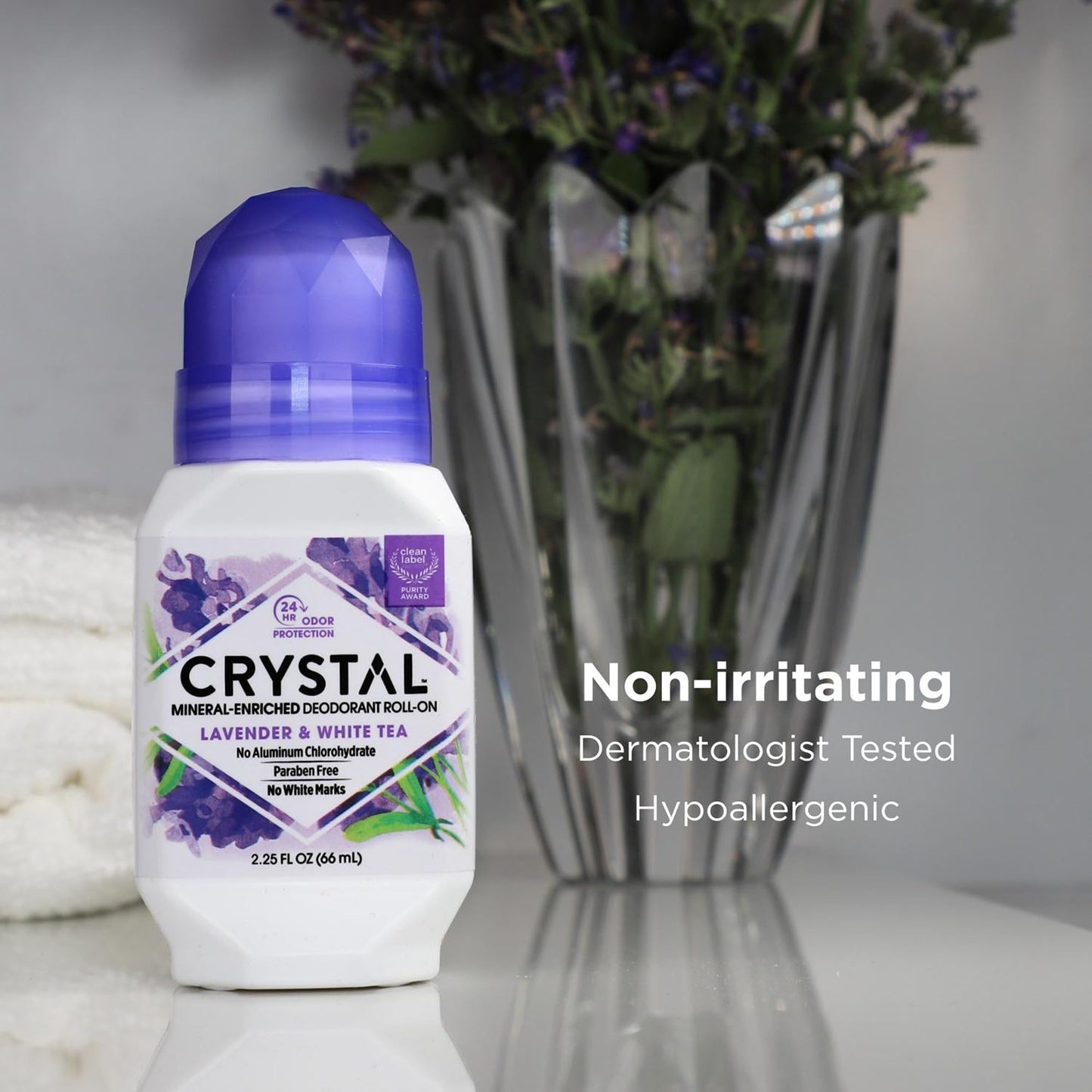 Crystal Mineral Deodorant Roll-On, Lavender & White Tea, Purple, 2.25 Fl Oz Beauty and Personal Care Crystal Essence