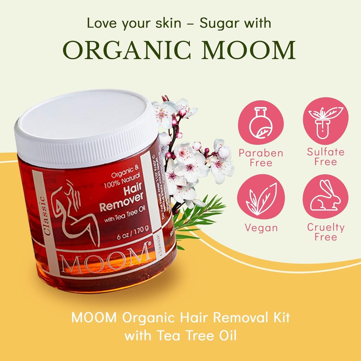 MOOM Organic Sugar Wax with Tea Tree Oil, 6 oz Jar, Hair Removal for Bikini, Brazilian, Face & Legs - Soft Wax for Sensitive Skin, Wax Beads Beauty & Personal Care MOOM
