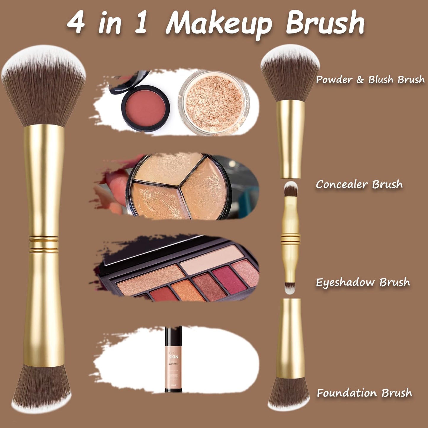 Voxora 4 in 1 Makeup Brush Set - All in One Powder/Blush, Foundation, Blending & Eyeshadow Brushes, Compact & Travel Essential Beauty & Personal Care Voxora