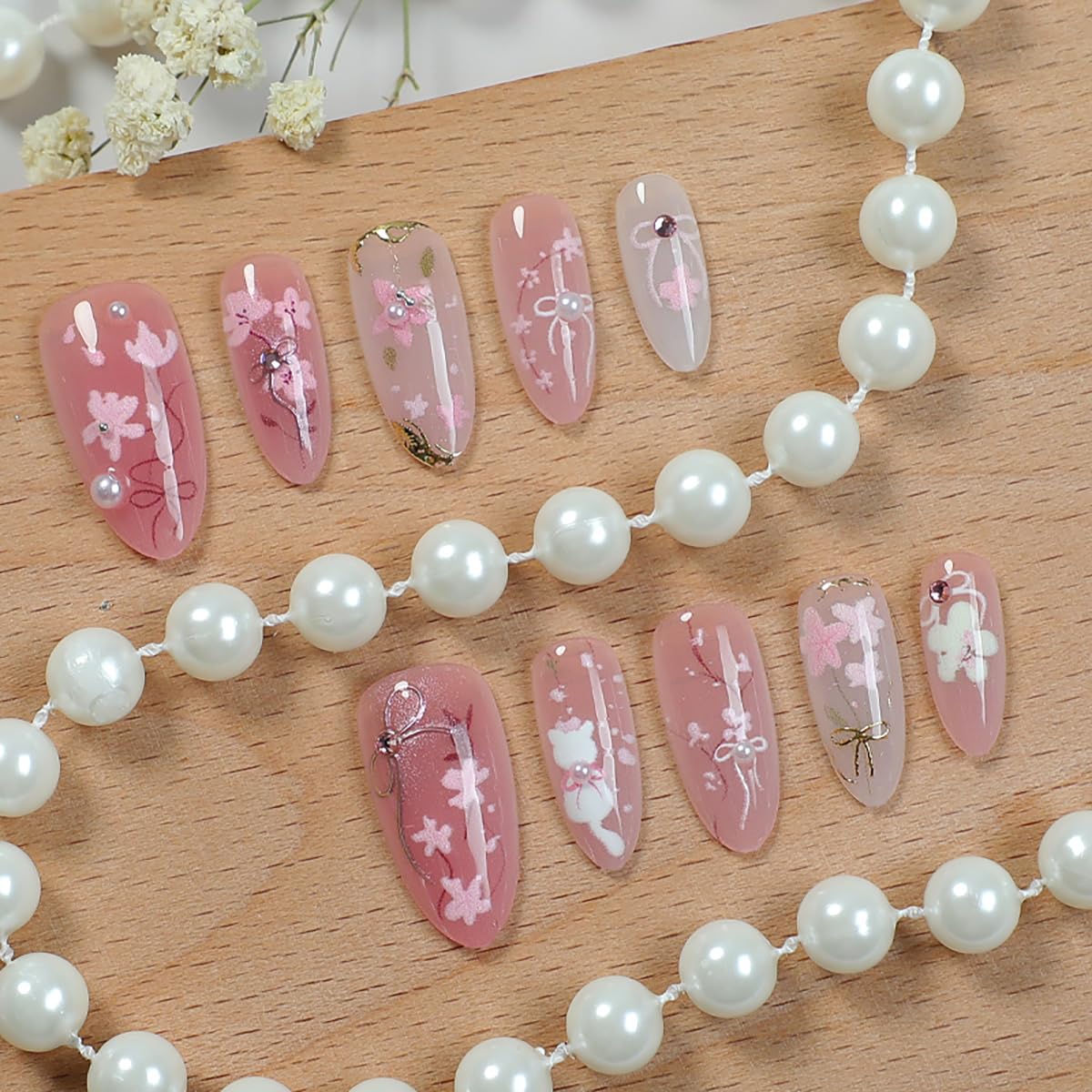 30Pcs Pink Flower Press on Nails Medium Almond Fake Nails Peach Blossom with 3D Rhinestones Pearl Gold Glitter Design Artificial Cute Cat Nails Stick Beauty and Personal Care KRTBKR