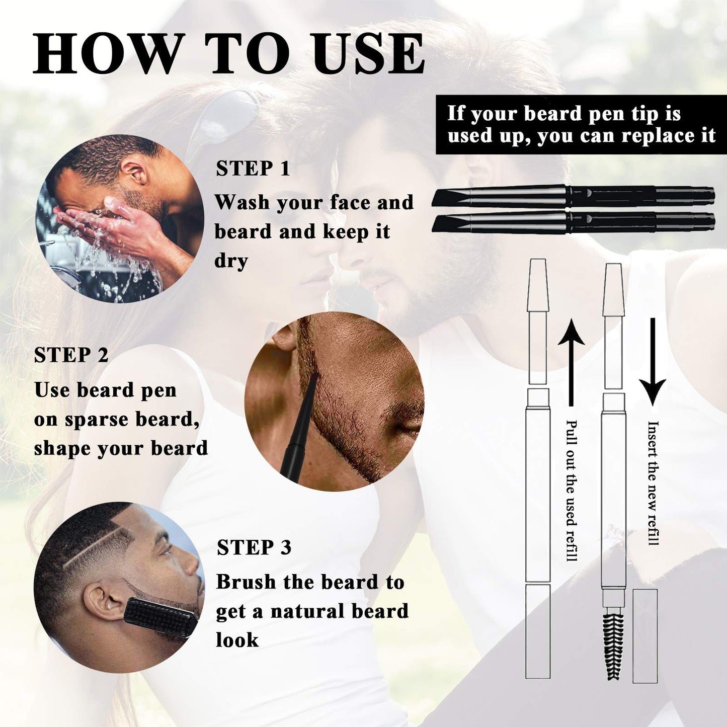 Beard Pencil Filler for Men - Water Resistant, Sweat Proof, Long Lasting & Natural Finish Barber Pencil, Mustache Repair Shape, Two Replacement Tips Beauty & Personal Care MUFUN