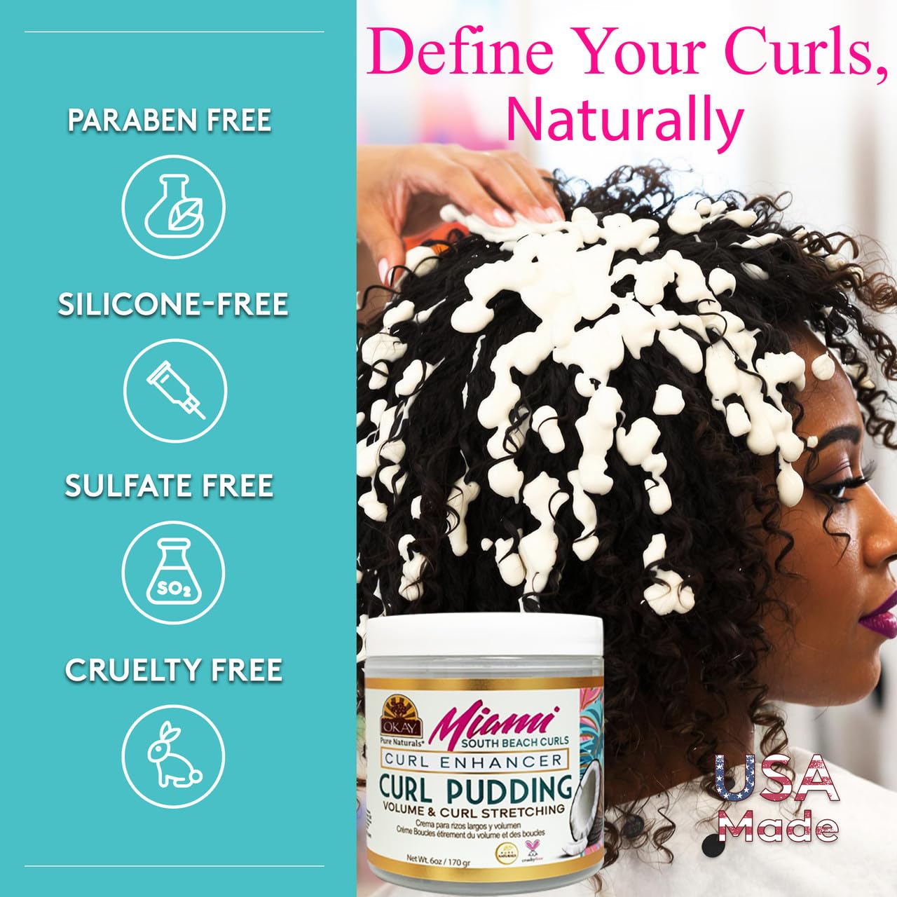 OKAY Miami South Beach Curls Curl Enhancer Curl Pudding 6 oz - Moisturizing Curl Defining Cream for Curly, Coily & Wavy Hair - Frizz Control, Deep Beauty & Personal Care OKAY