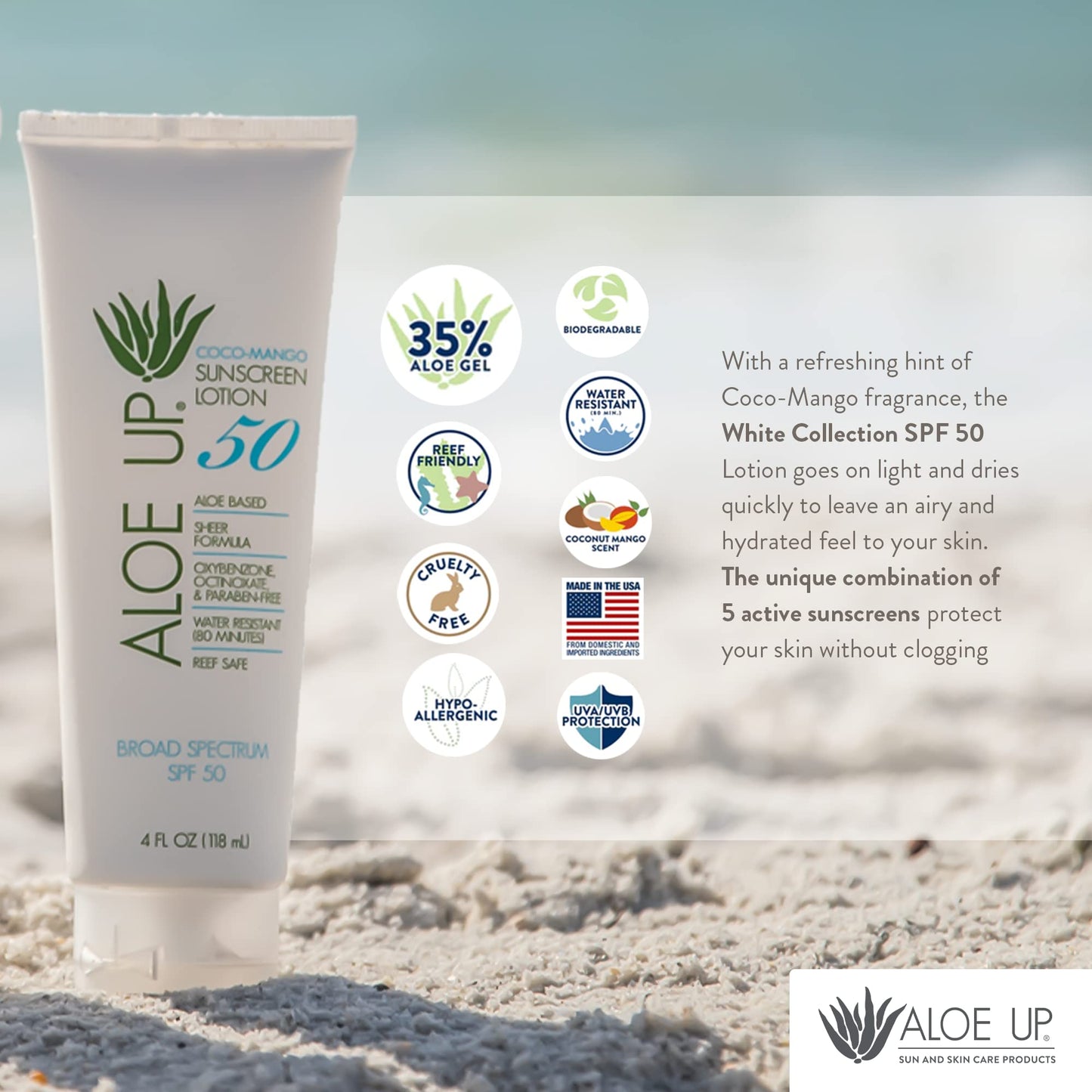 Aloe Up SPF 50 Sunscreen for Sensitive Skin – Broad Spectrum Face & Body Sunblock with Aloe Vera, Reef-Safe, Hydrating Coco-Mango, 4oz Beauty & Personal Care ALOE UP