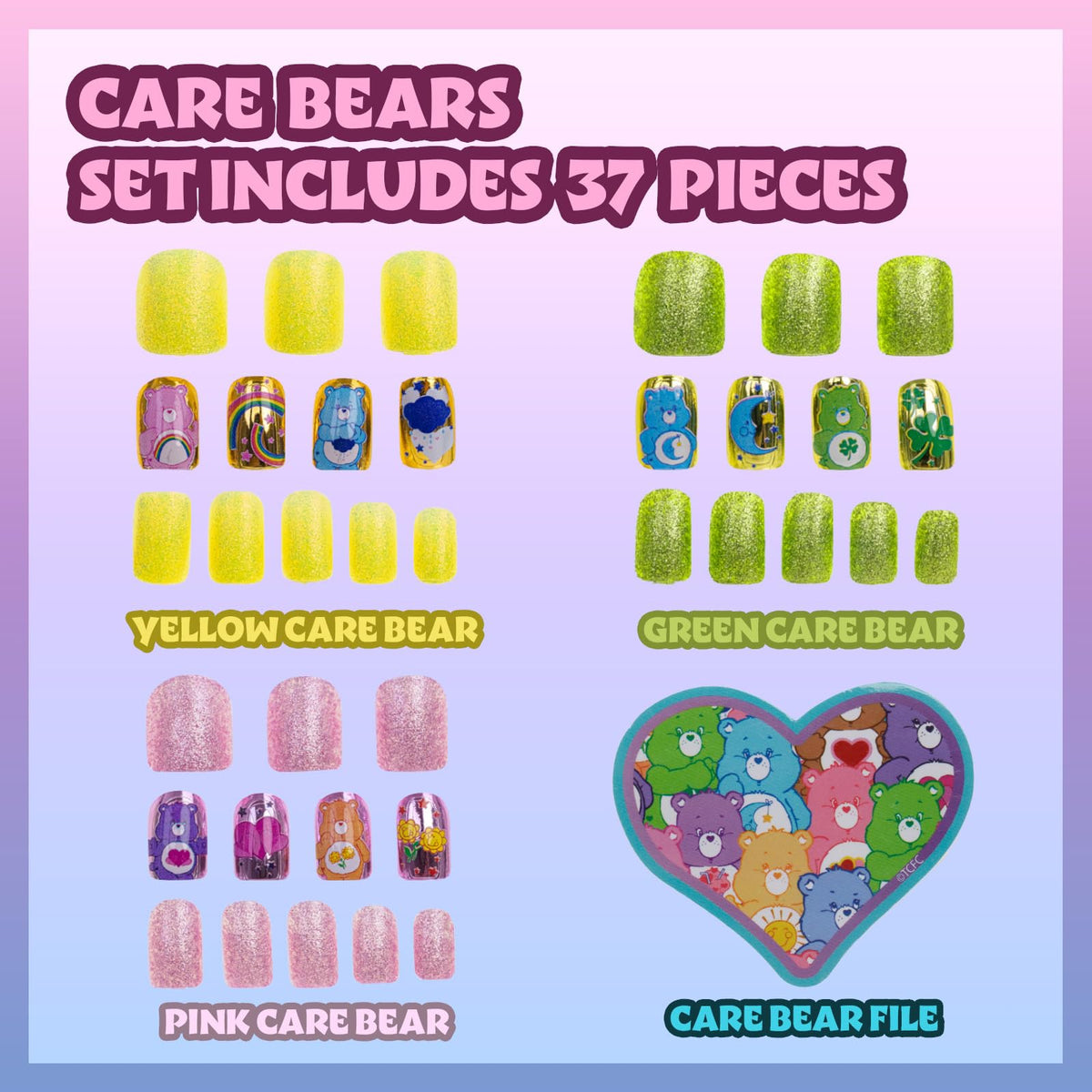Care Bears 36 pcs Press on Nails for Kids | Pre-Glued & Fake Nails with Nail File for Girls | Birthday Gifts for Ages 6+ by Townley Girl