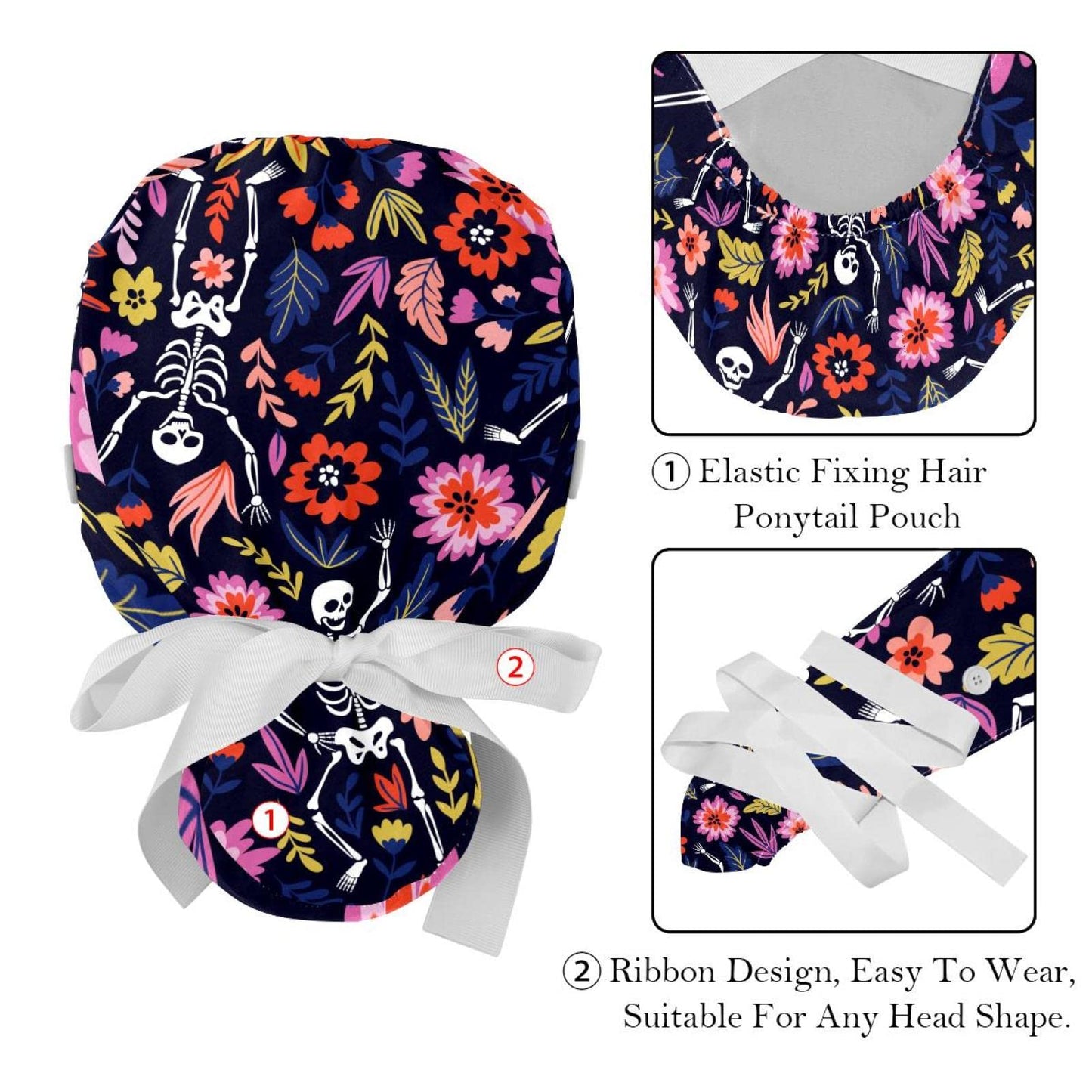 Adjustable Scrub Bouffant Caps, 2 Packs Skeleton Flower Working Hat Hair Cover with Ponytail Pouch, Soft Surgical Nurse Cap Beauty and Personal Care DEYYA